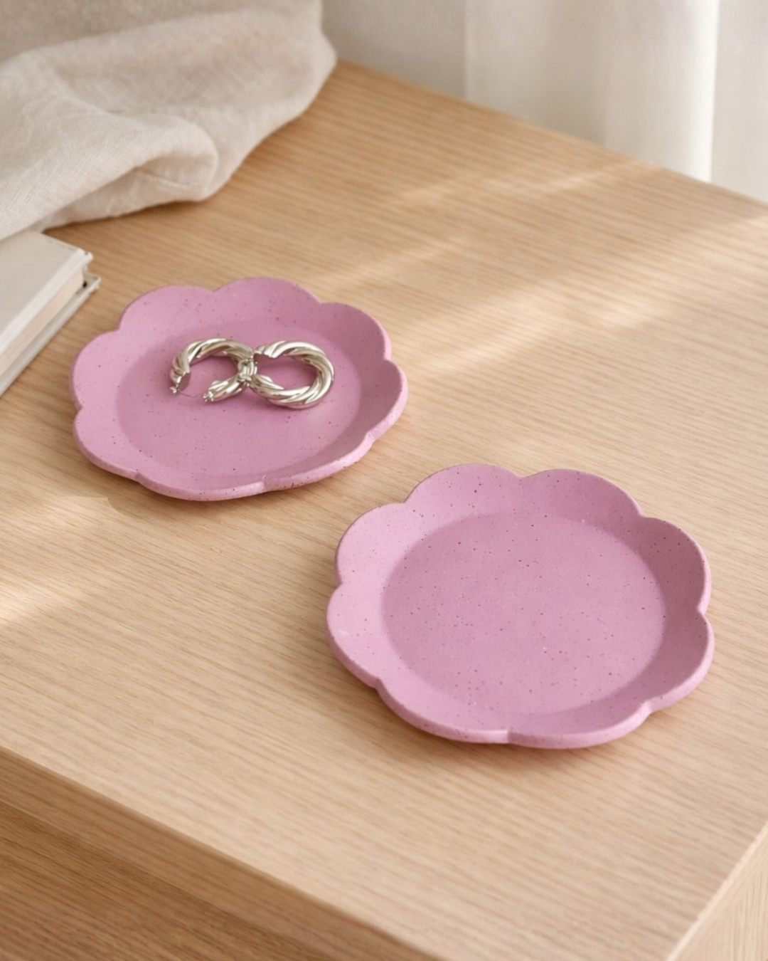 Handmade purple flower ceramic ring dish and jewelry trinket dish on wooden bedside table, cute vanity decor tray for rings, earrings and small jewelry