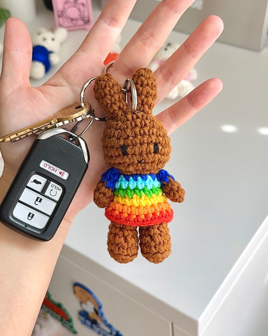 Colorful amigurumi Miffy bag charm with Pride dress