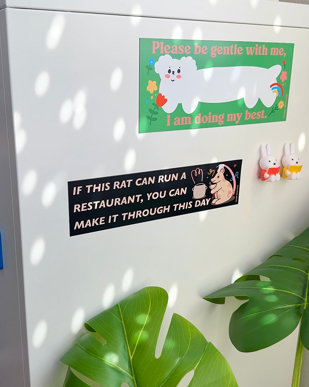 Funny rat chef car magnet displayed on a metal surface, featuring a motivational kitchen humor quote for cooks and foodies