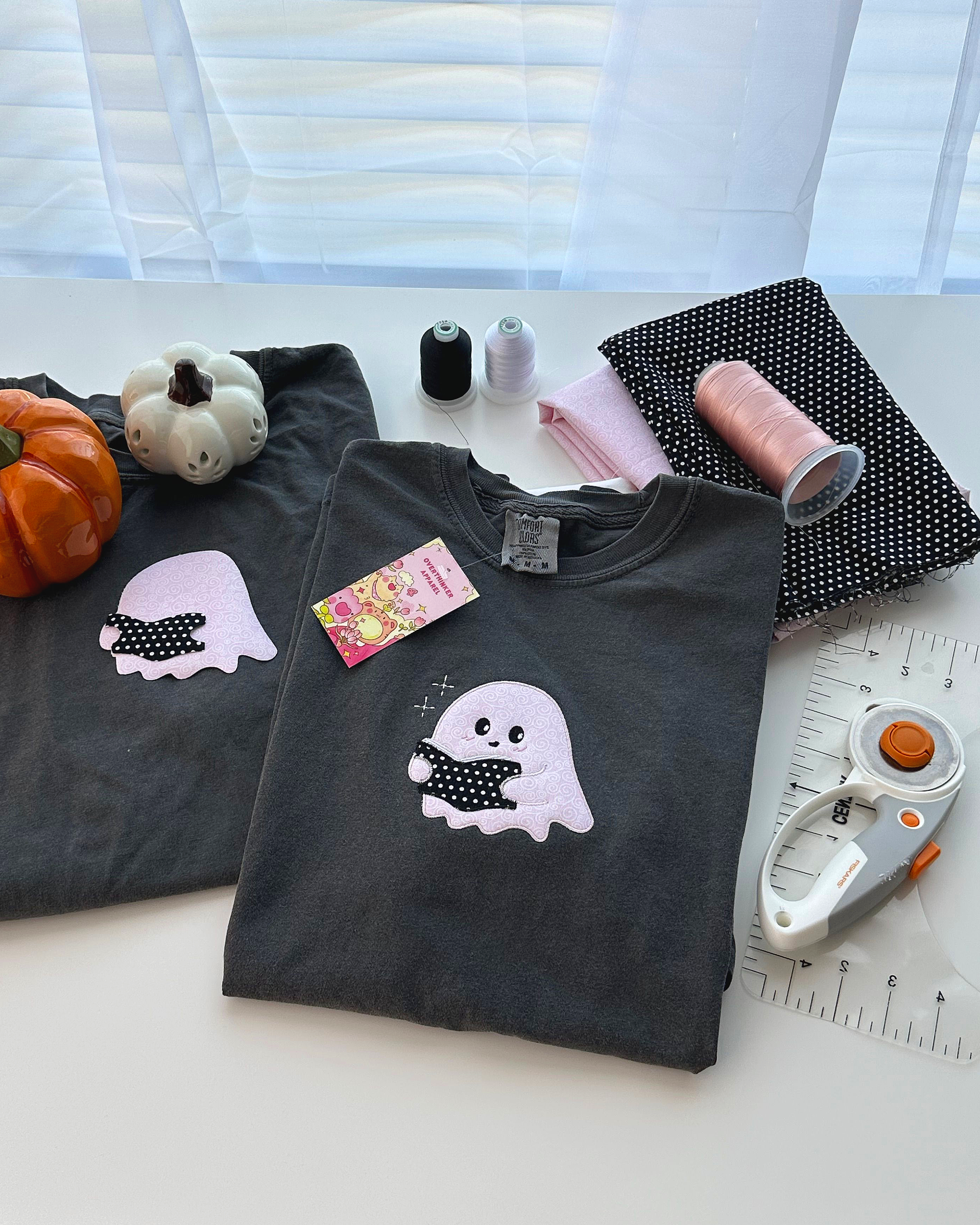 Bookish Ghost Patchwork Tee — Pepper Relaxed Fit 100% Cotton T-Shirt