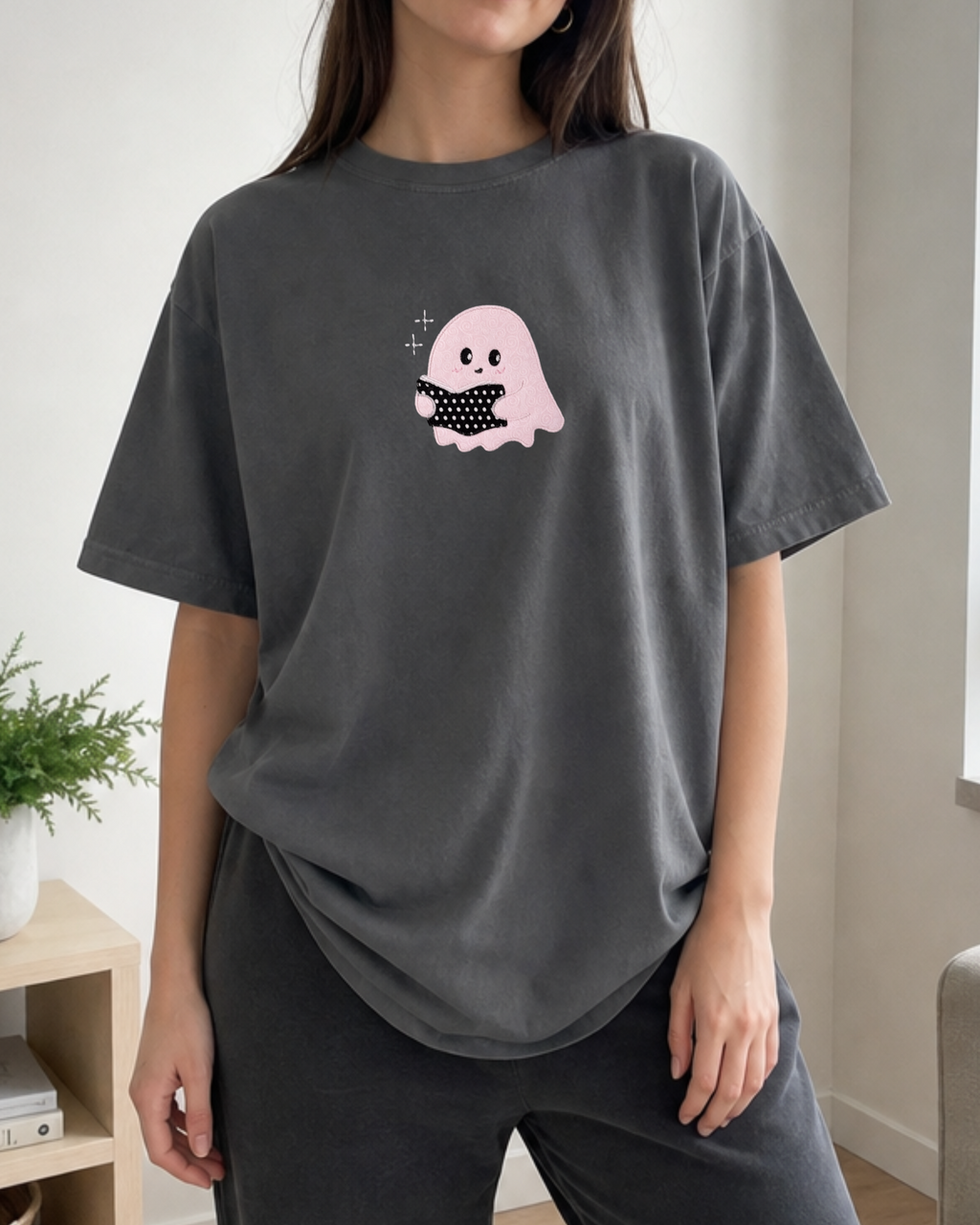 Bookish Ghost Patchwork Tee — Pepper Relaxed Fit 100% Cotton T-Shirt