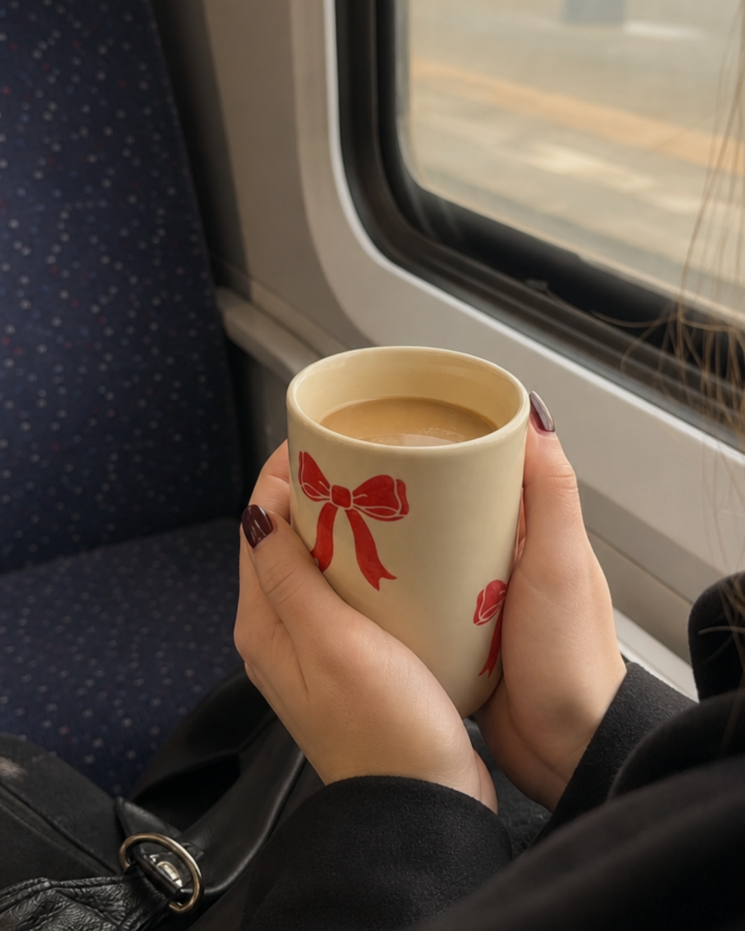 A hand-painted red bow ceramic mug filled with coffee, held on a train seat beside a window, a cozy morning commute moment.
