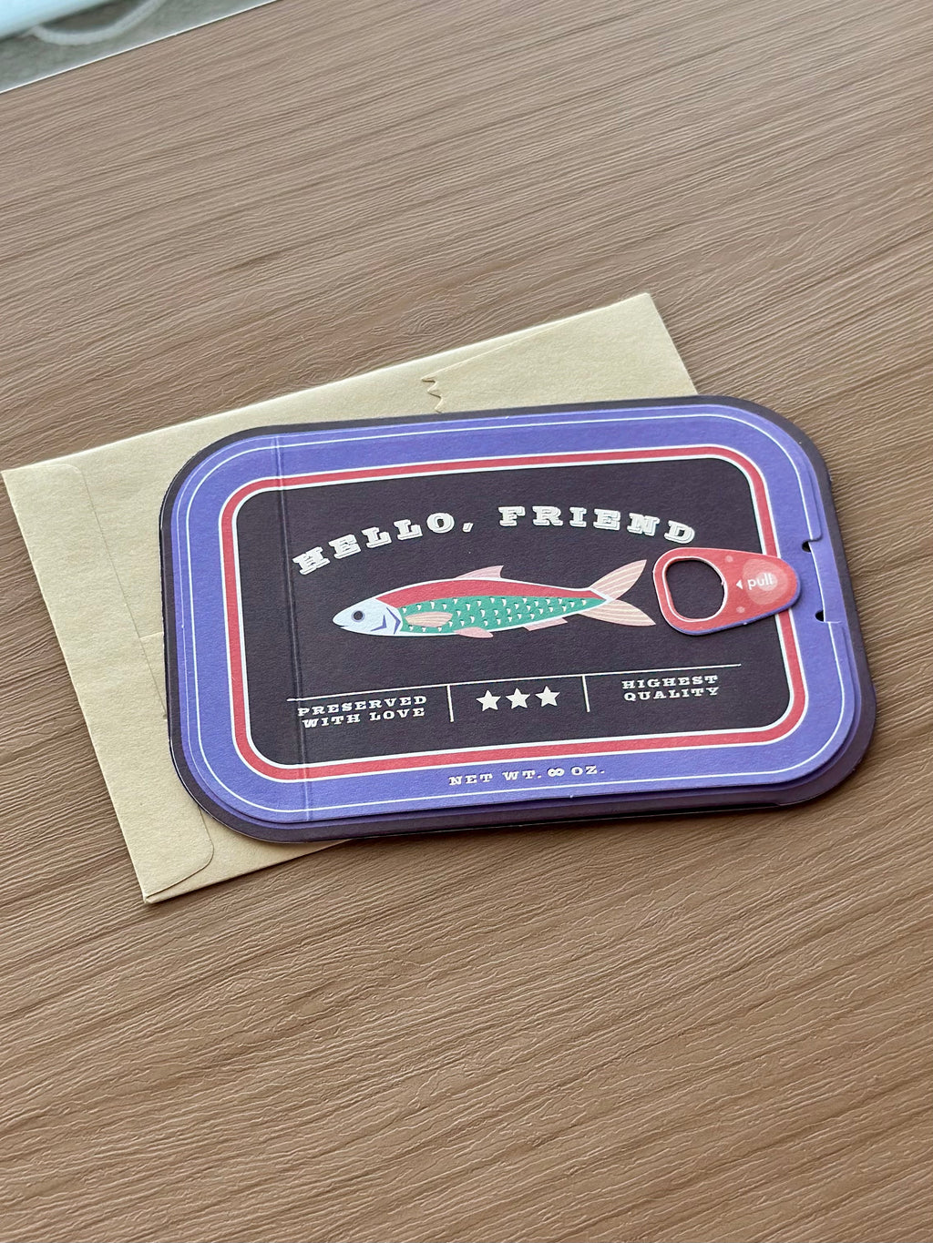 Sardine tin pop-up friendship card with vintage can design and kraft envelope.
