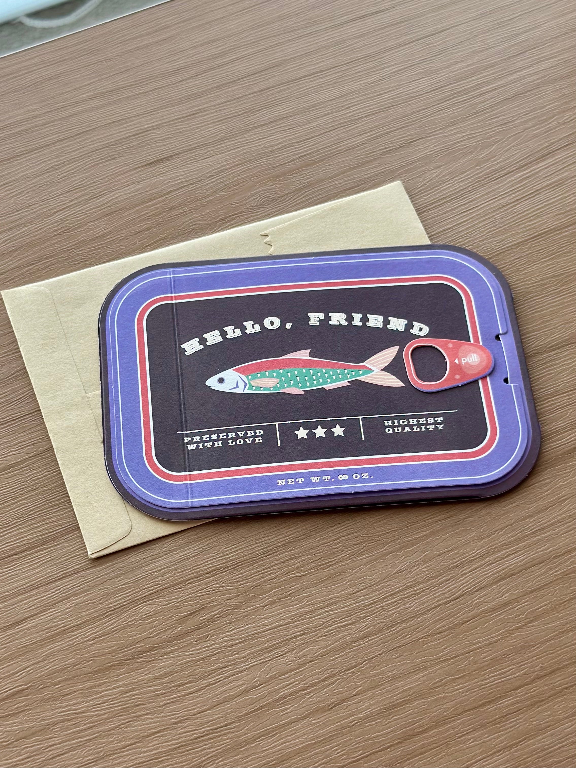 Sardine tin pop-up friendship card with vintage can design and kraft envelope.