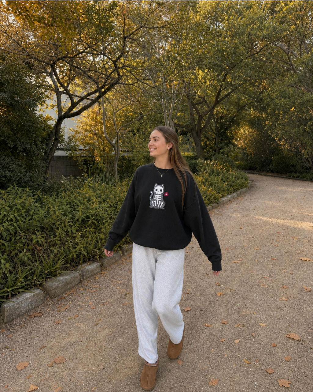 Skeleton Cat Patchwork Crewneck — Black Oversized Embroidered Sweatshirt