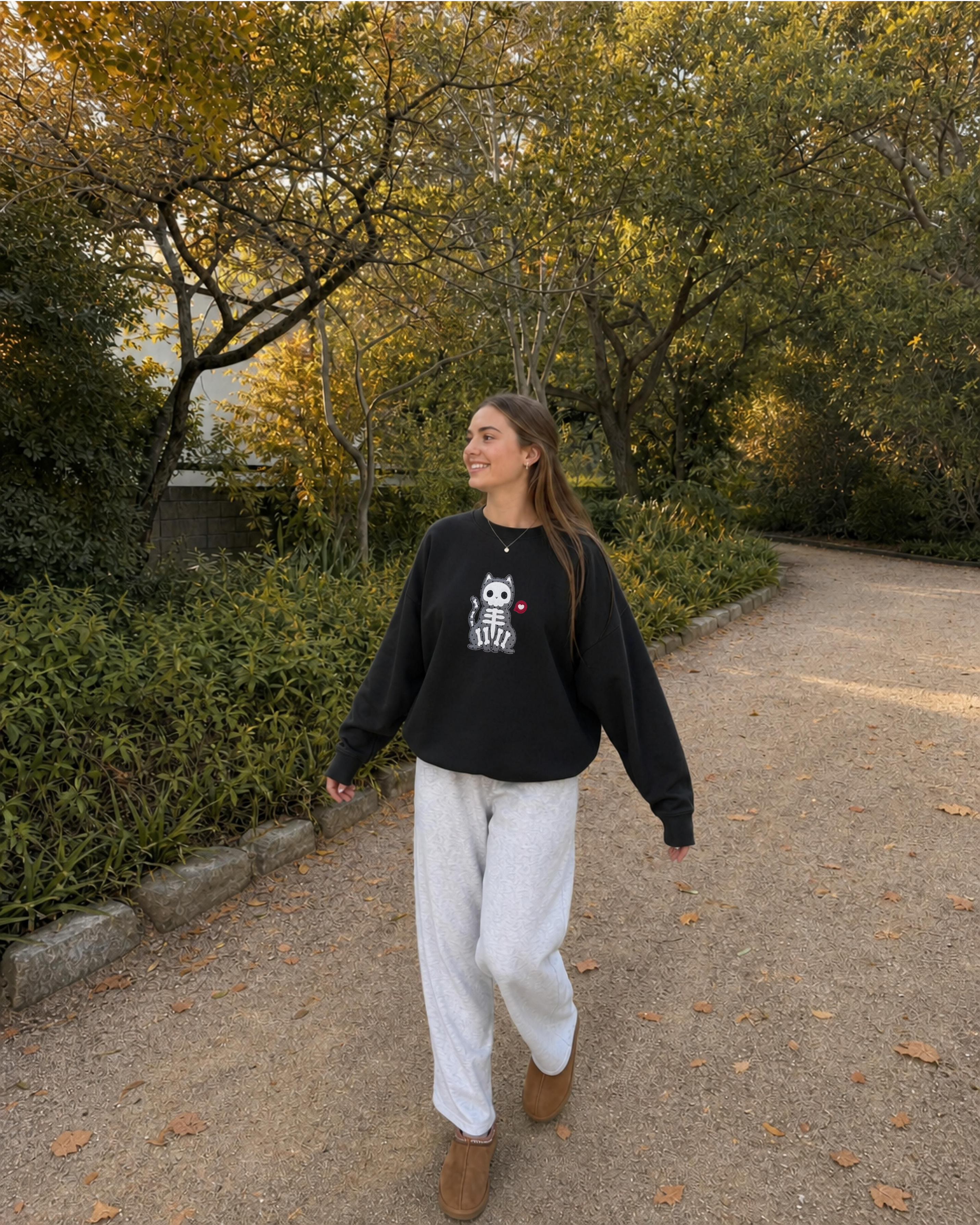 Skeleton Cat Patchwork Crewneck — Black Oversized Embroidered Sweatshirt