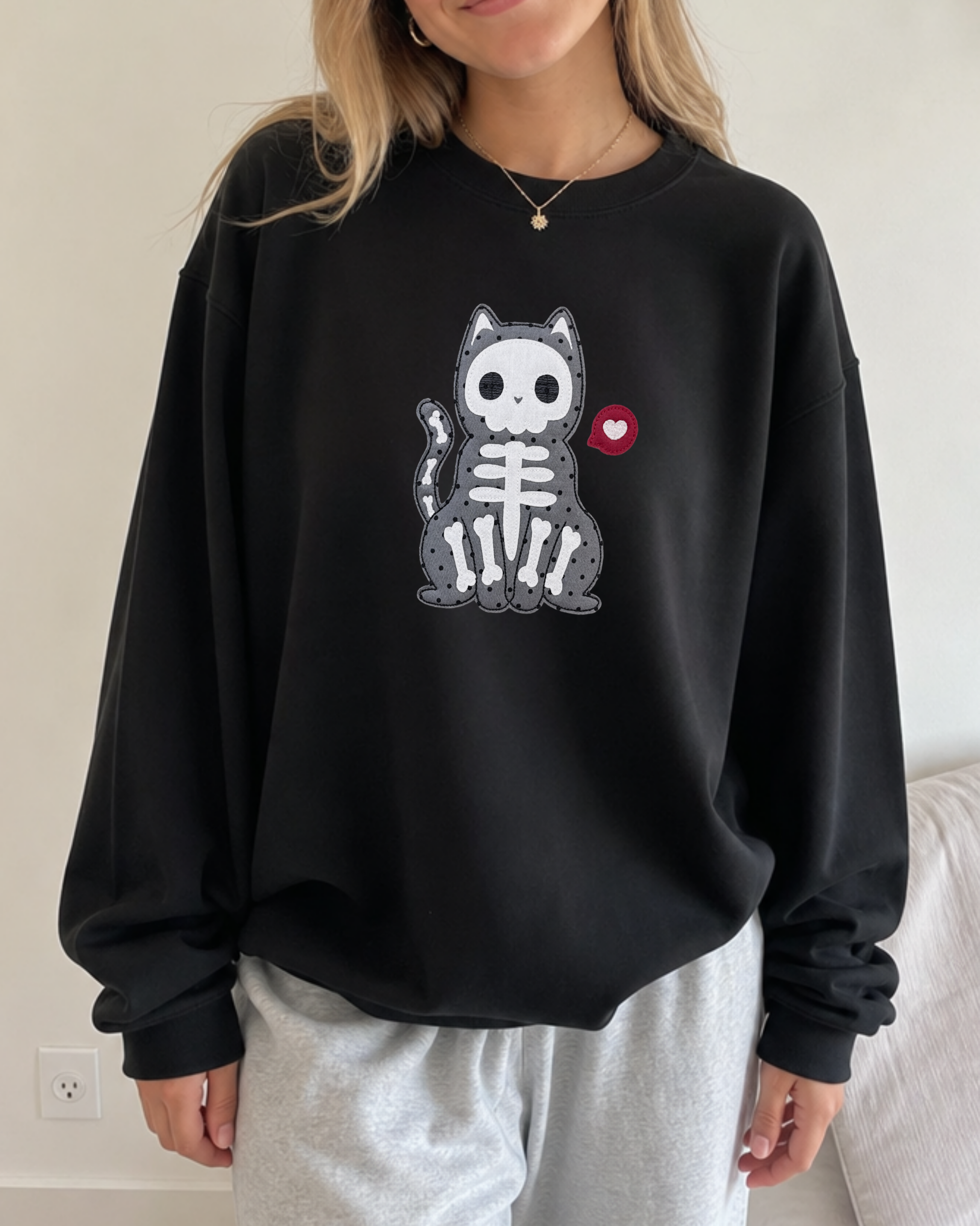 Skeleton Cat Patchwork Crewneck — Black Oversized Embroidered Sweatshirt