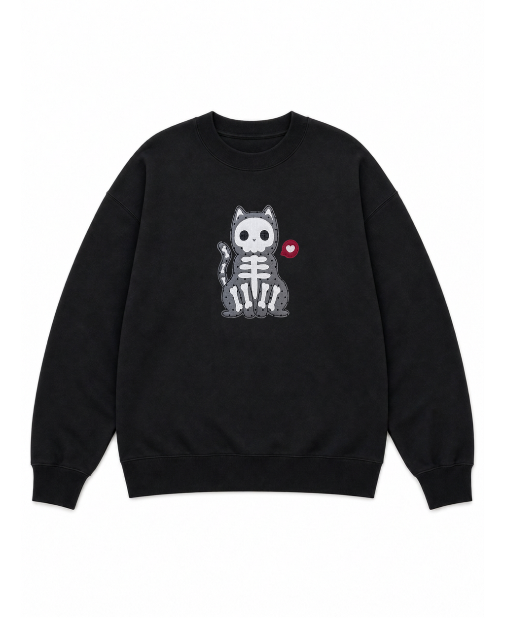 Skeleton Cat Patchwork Crewneck — Black Oversized Embroidered Sweatshirt