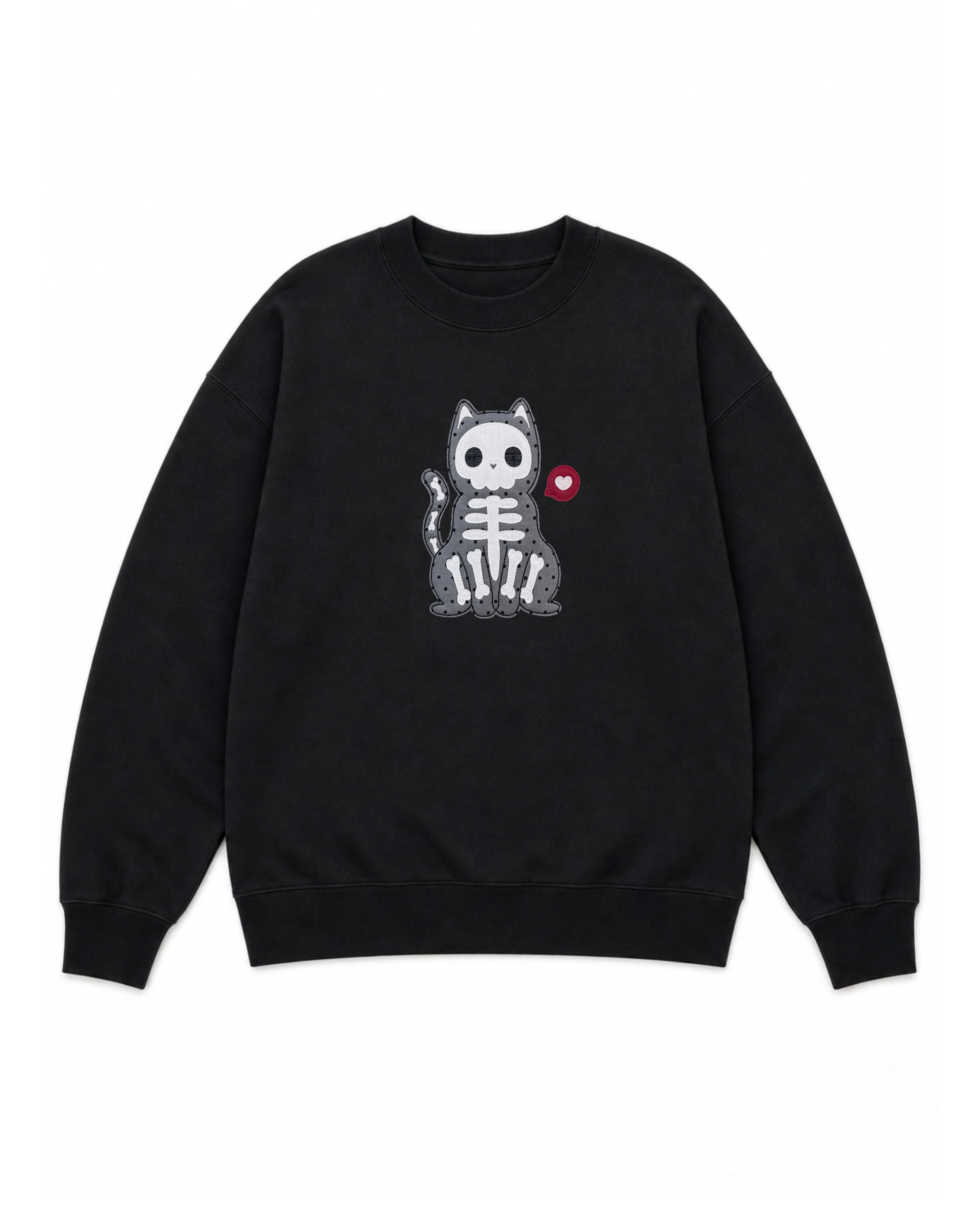 Skeleton Cat Patchwork Crewneck — Black Oversized Embroidered Sweatshirt