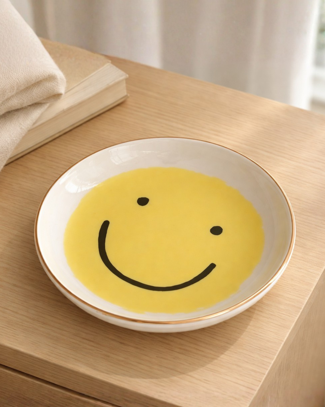 Smiley face trinket dish on wooden bedside table next to book and linen fabric, cute ring holder tray for nightstand decor
