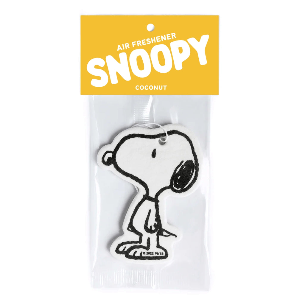 Close-up of the officially licensed Snoopy ‘Classic’ silhouette air freshener in coconut scent, packaged with yellow header card.