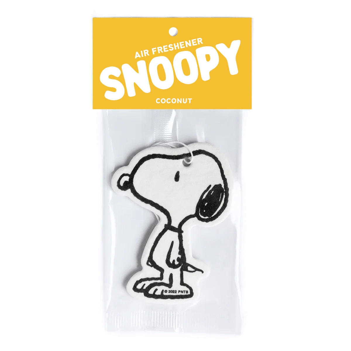 Close-up of the officially licensed Snoopy ‘Classic’ silhouette air freshener in coconut scent, packaged with yellow header card.