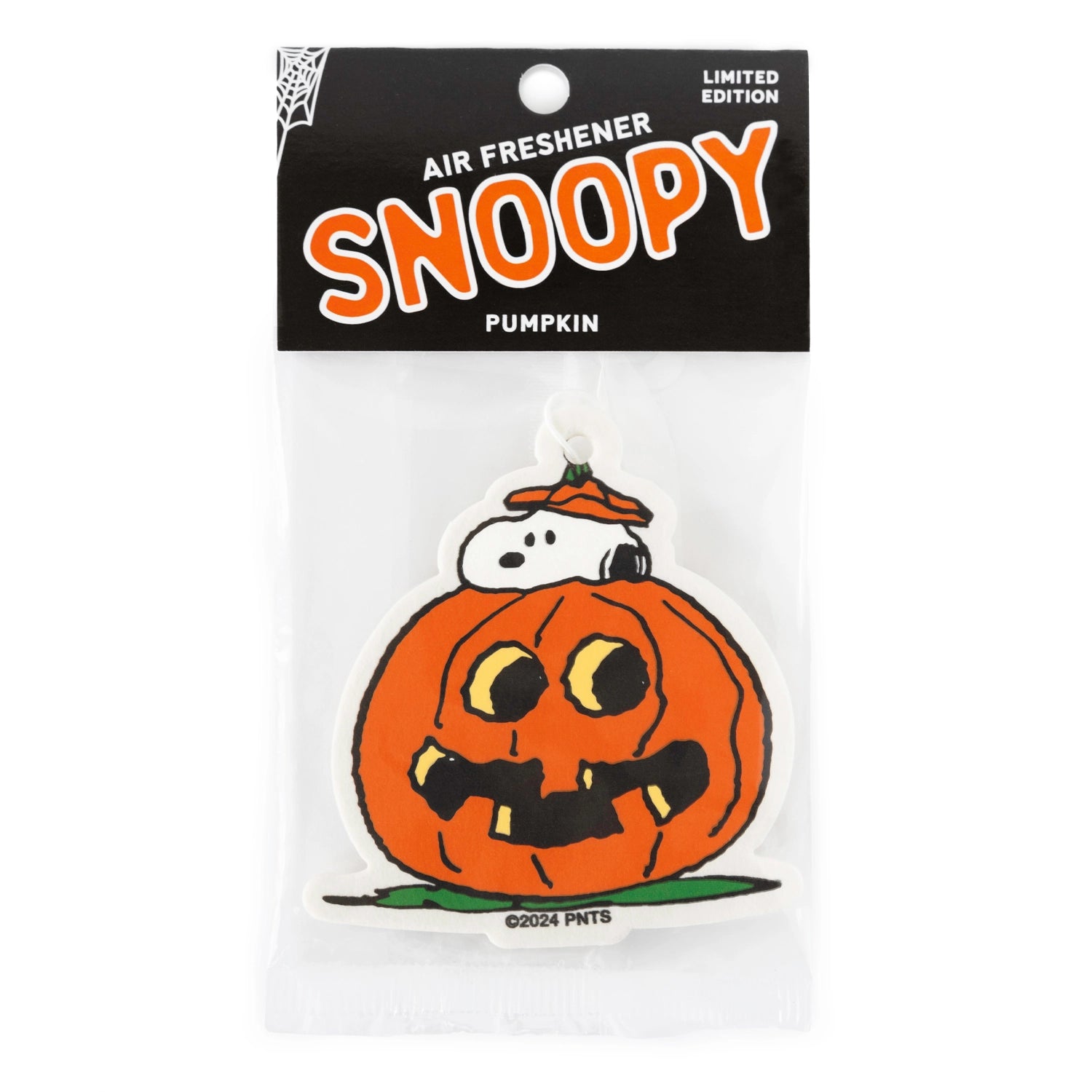 Limited edition Snoopy air freshener featuring a playful pumpkin design. Snoopy peeks out of a carved jack-o'-lantern on festive Halloween packaging. Perfect for Peanuts fans and spooky season vibes.

