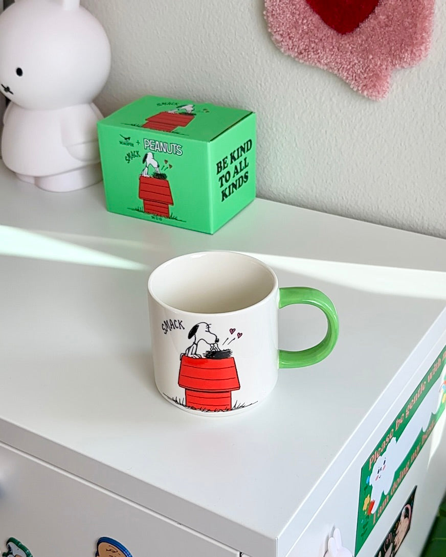 Official Snoopy “Be Kind to All Kinds” ceramic mug with green handle and collectible gift box, Magpie x Peanuts® licensed coffee cup