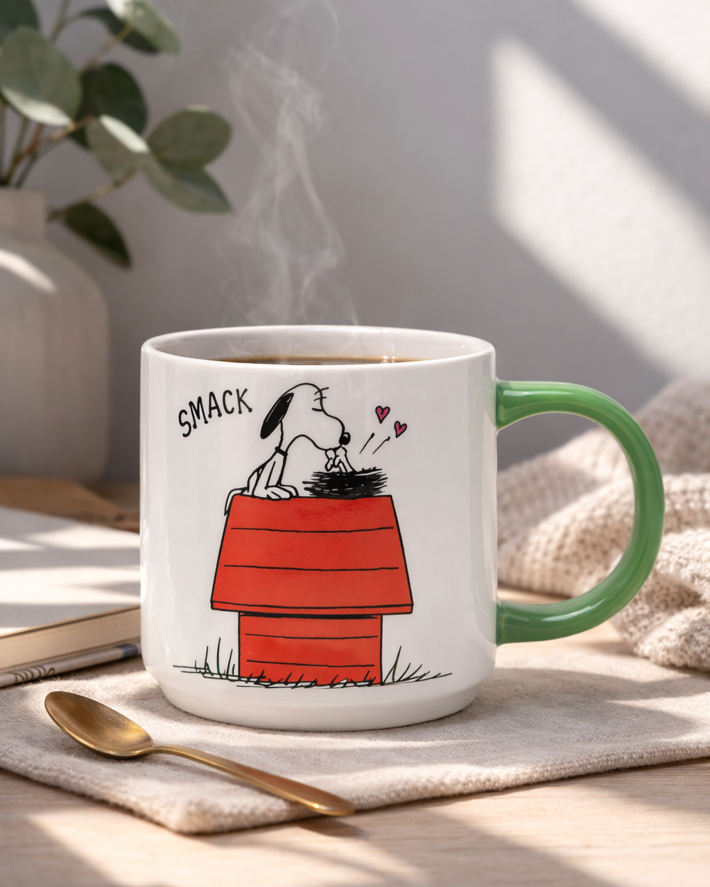 Snoopy Be Kind to All Kinds ceramic mug with green handle featuring Snoopy kissing Woodstock on his doghouse, cute Peanuts mug for coffee or tea