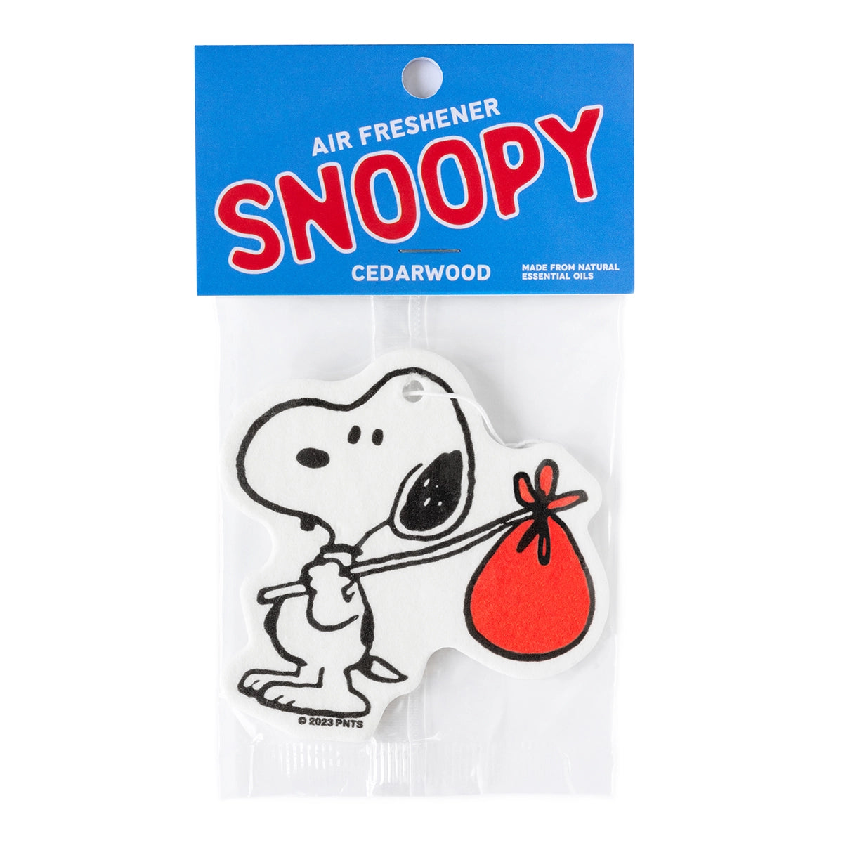 Snoopy air freshener in packaging with bold blue header and red bundle design