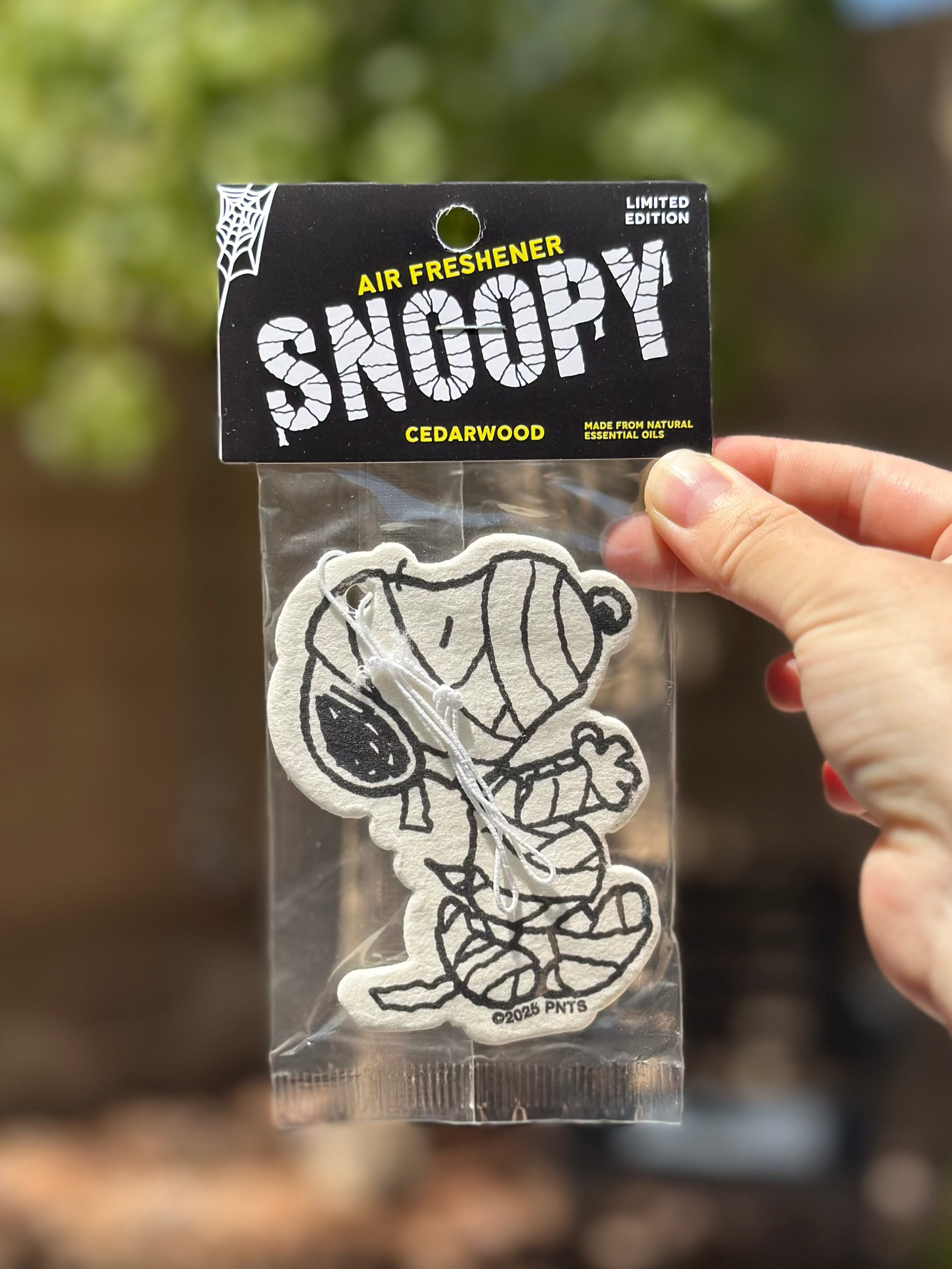 Limited edition Snoopy cedarwood air freshener featuring Snoopy in a Halloween mummy costume, held outdoors against a blurred background.