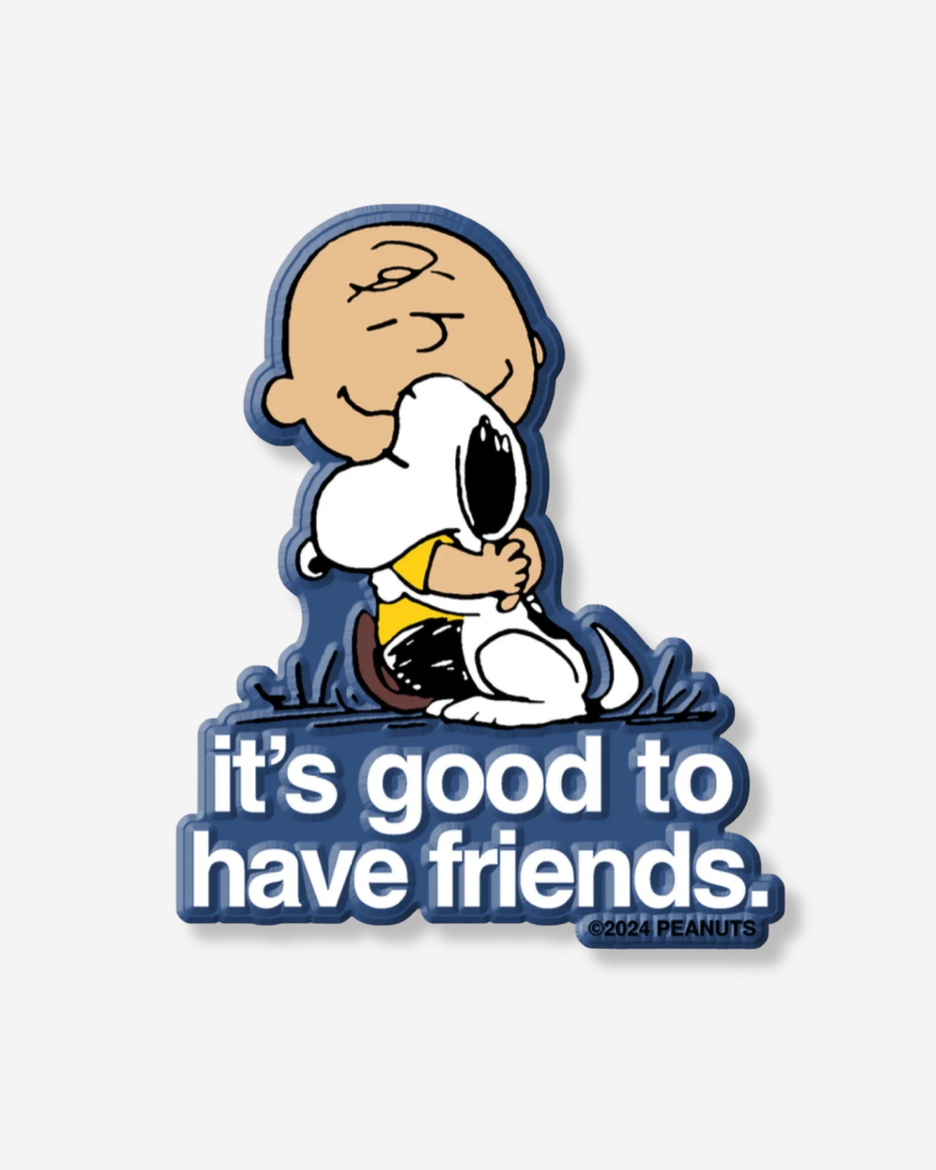 Snoopy hugging Charlie Brown magnet with “it's good to have friends” quote isolated product image.