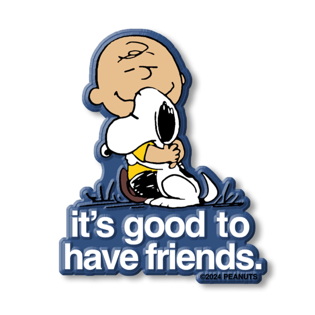 Sticker of Charlie Brown hugging Snoopy on the grass, with the phrase “It’s good to have friends.” A heartwarming Peanuts moment that captures love, loyalty, and the joy of true friendship.