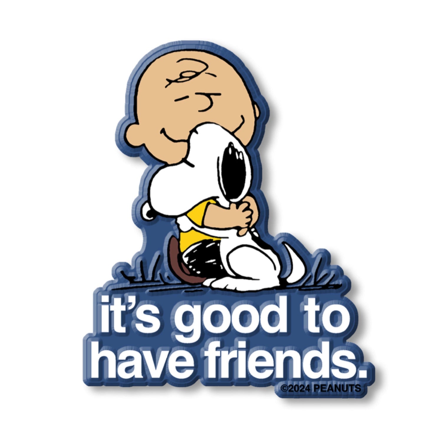 Sticker of Charlie Brown hugging Snoopy on the grass, with the phrase “It’s good to have friends.” A heartwarming Peanuts moment that captures love, loyalty, and the joy of true friendship.