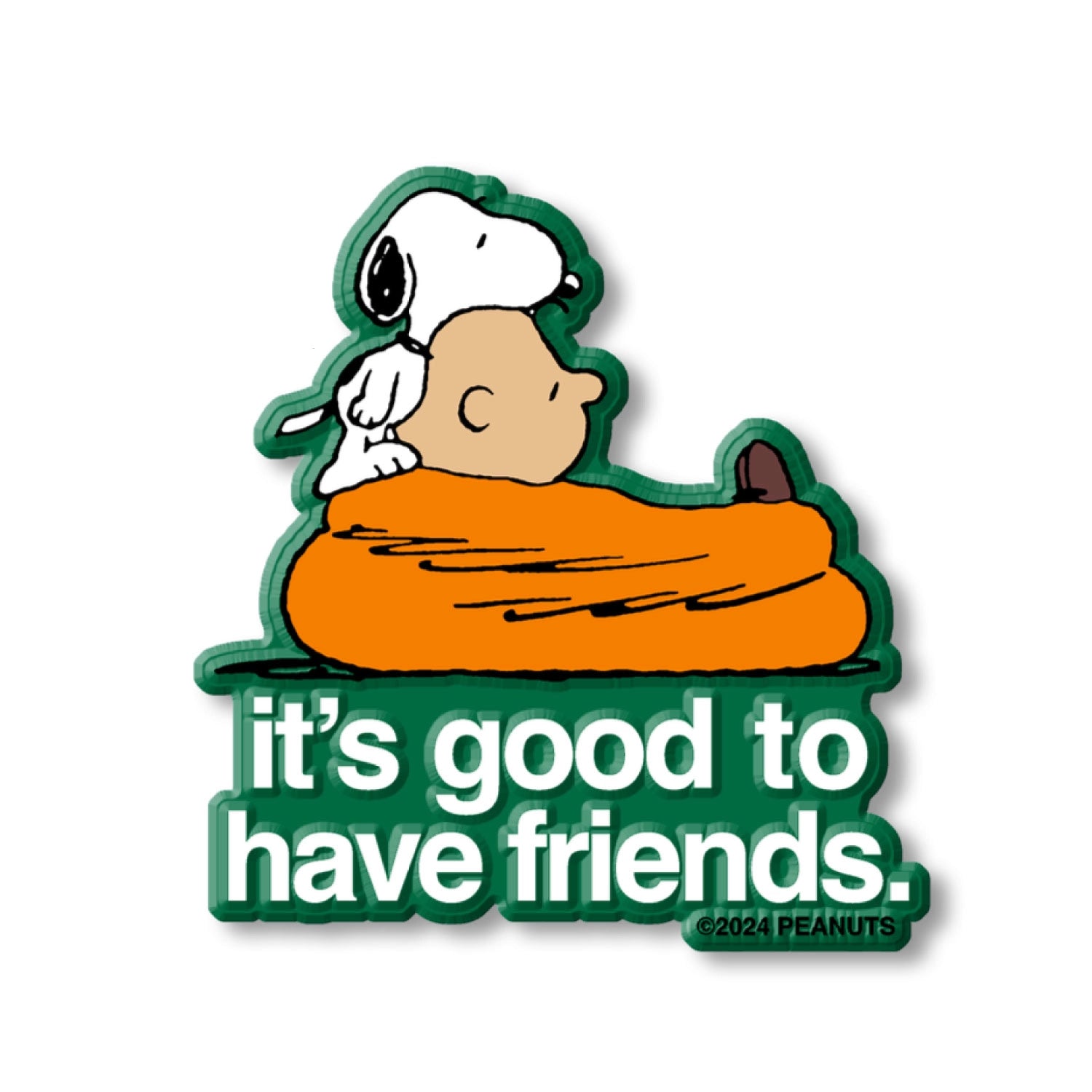Sticker featuring Snoopy cuddling up to Charlie Brown in an orange sleeping bag with the phrase “It’s good to have friends.” A cozy Peanuts design celebrating friendship, comfort, and classic characters.