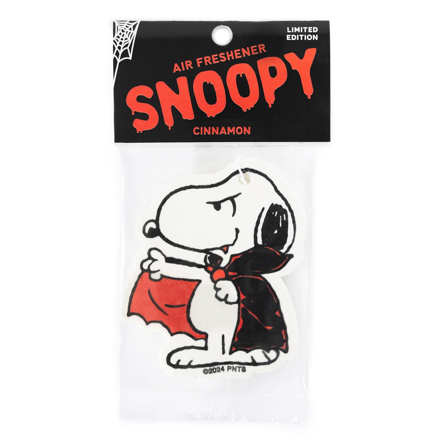 Limited edition Snoopy air freshener in a cinnamon scent, showing Snoopy in a spooky vampire costume. Halloween-themed packaging with bold red lettering. A playful Peanuts collectible for Halloween lovers.

