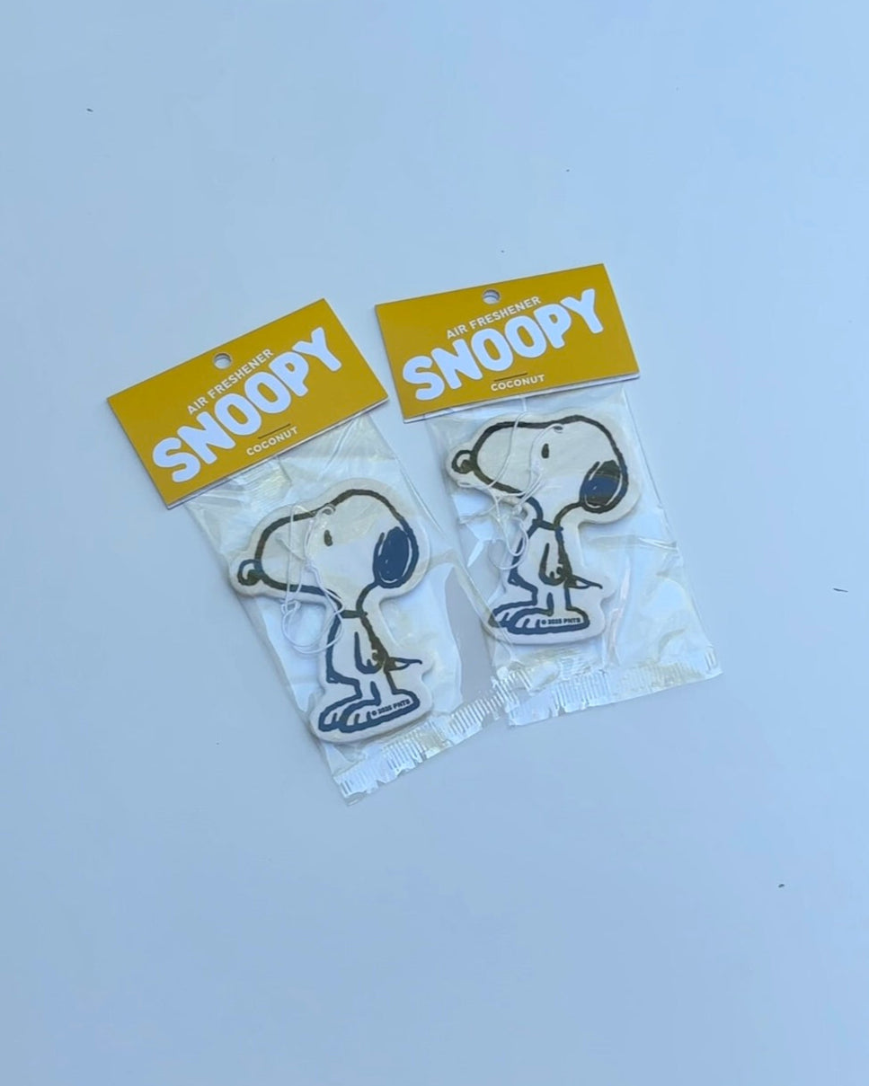 Two packaged Snoopy coconut air fresheners on a white surface, featuring classic Snoopy design with yellow header card.