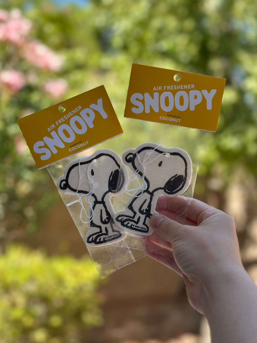 Two Snoopy coconut air fresheners in packaging held outdoors, with green garden background.