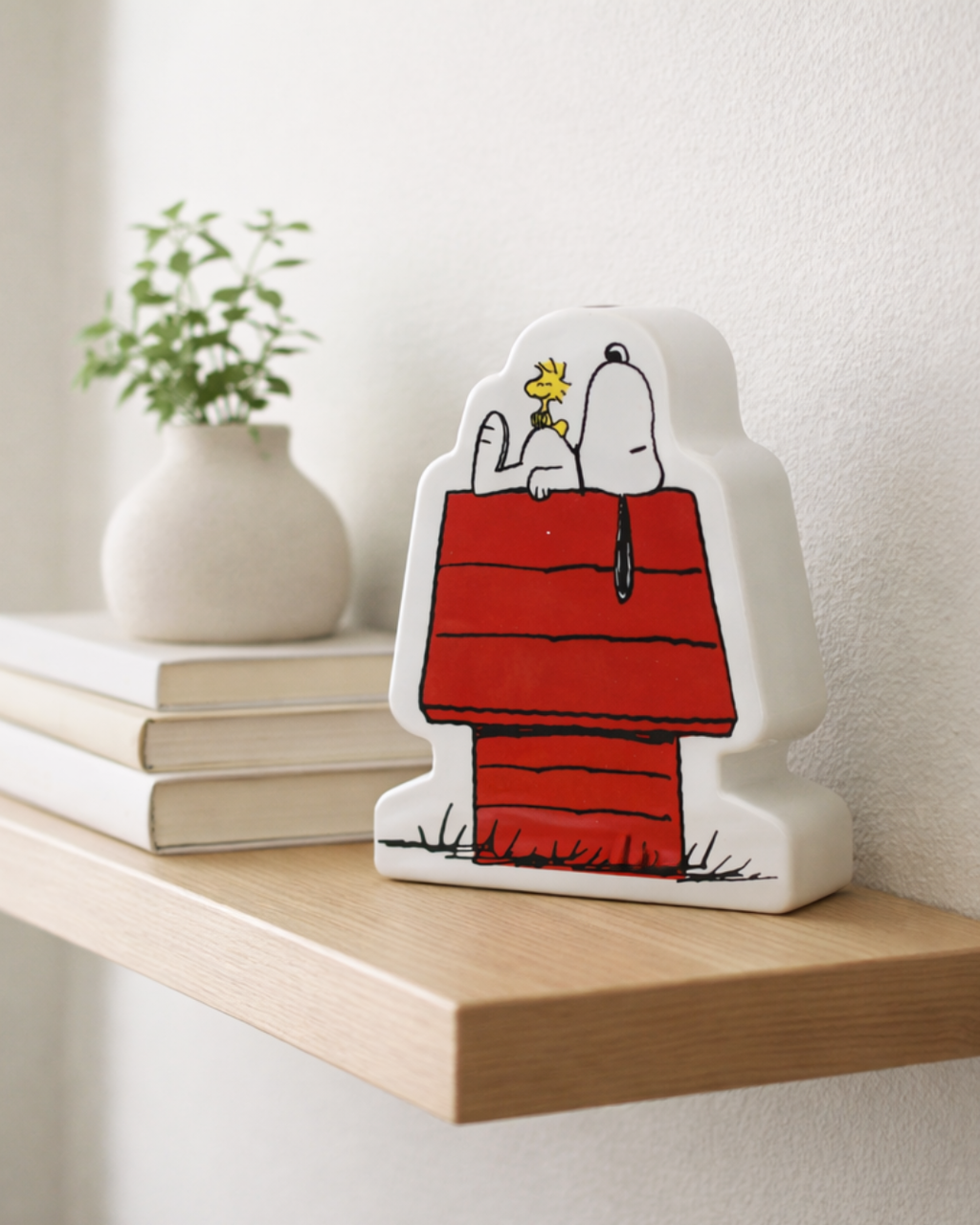 Ceramic Snoopy coin bank sitting on a wooden shelf with books and plant, cute nostalgic cartoon decor for bedroom or living room shelf styling