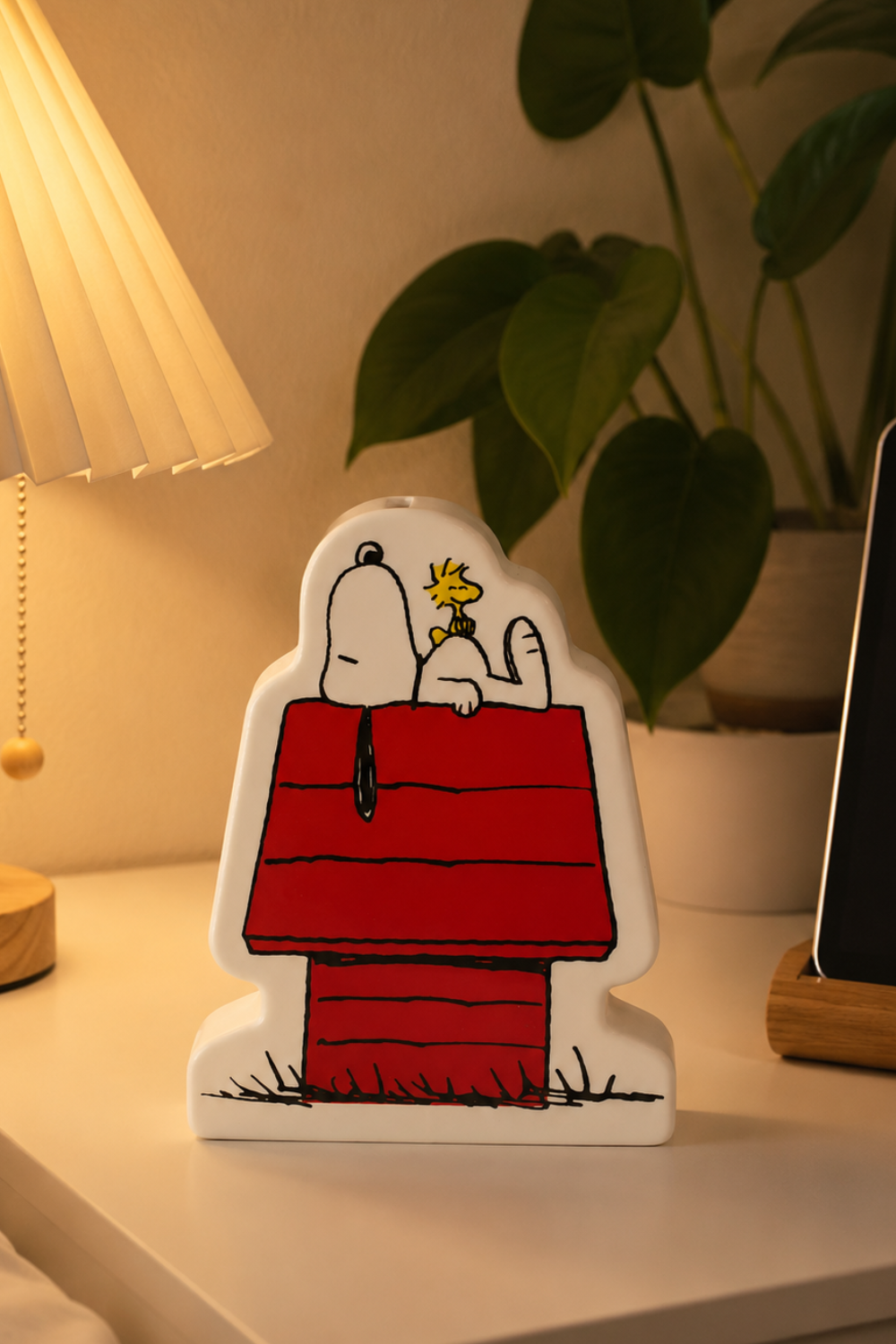 Snoopy ceramic coin bank glowing under warm desk lamp light next to monstera leaves, a cozy addition to a desk setup.
