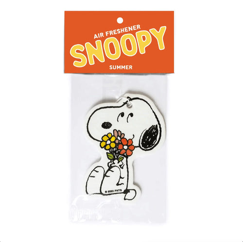 Official Peanuts® Snoopy “Flower Bouquet” Summer air freshener with orange packaging and adorable floral design.