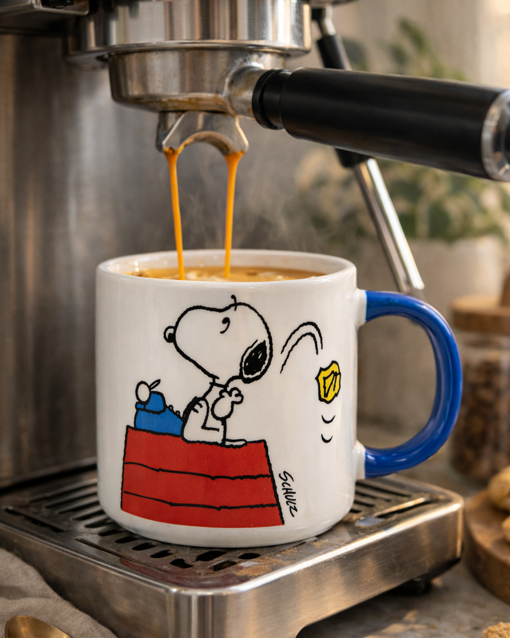 Snoopy Genius at Work ceramic coffee mug under an espresso machine brewing coffee, Peanuts mug for home cafe coffee lovers and cozy morning routines