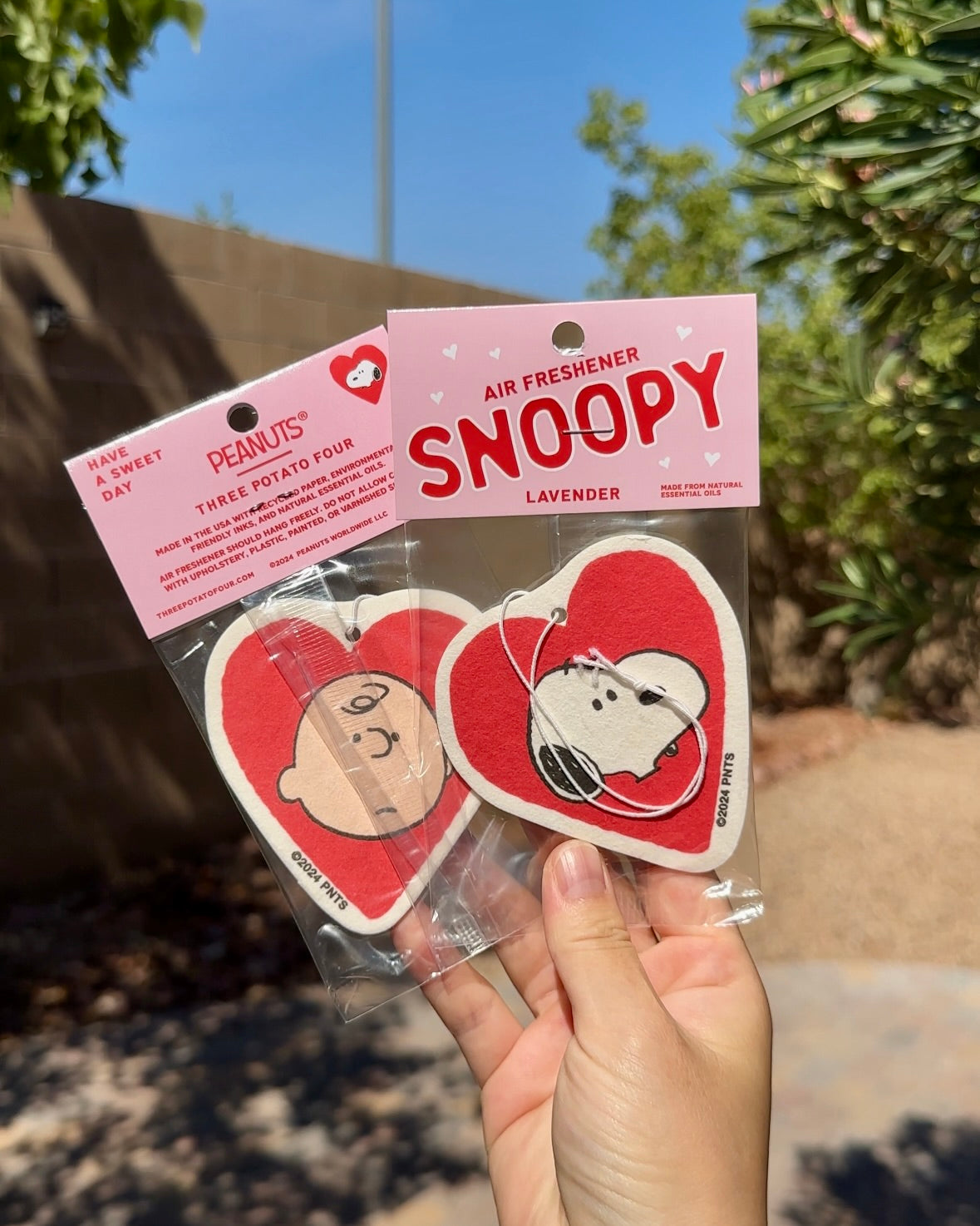 Hand holding two packaged heart-shaped Snoopy and Charlie Brown lavender-scented air fresheners against a sunny outdoor background.