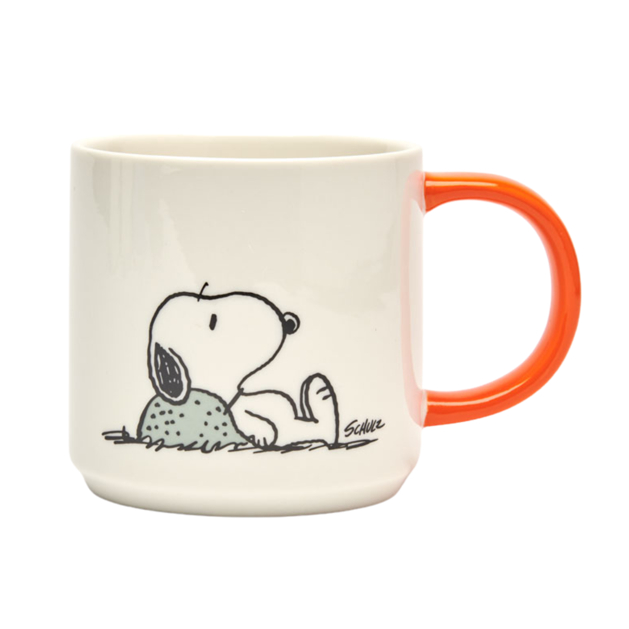 PEANUTS mug featuring Snoopy relaxing on the grass, paired with an orange handle — a cozy and humorous coffee cup for rest-day energy.