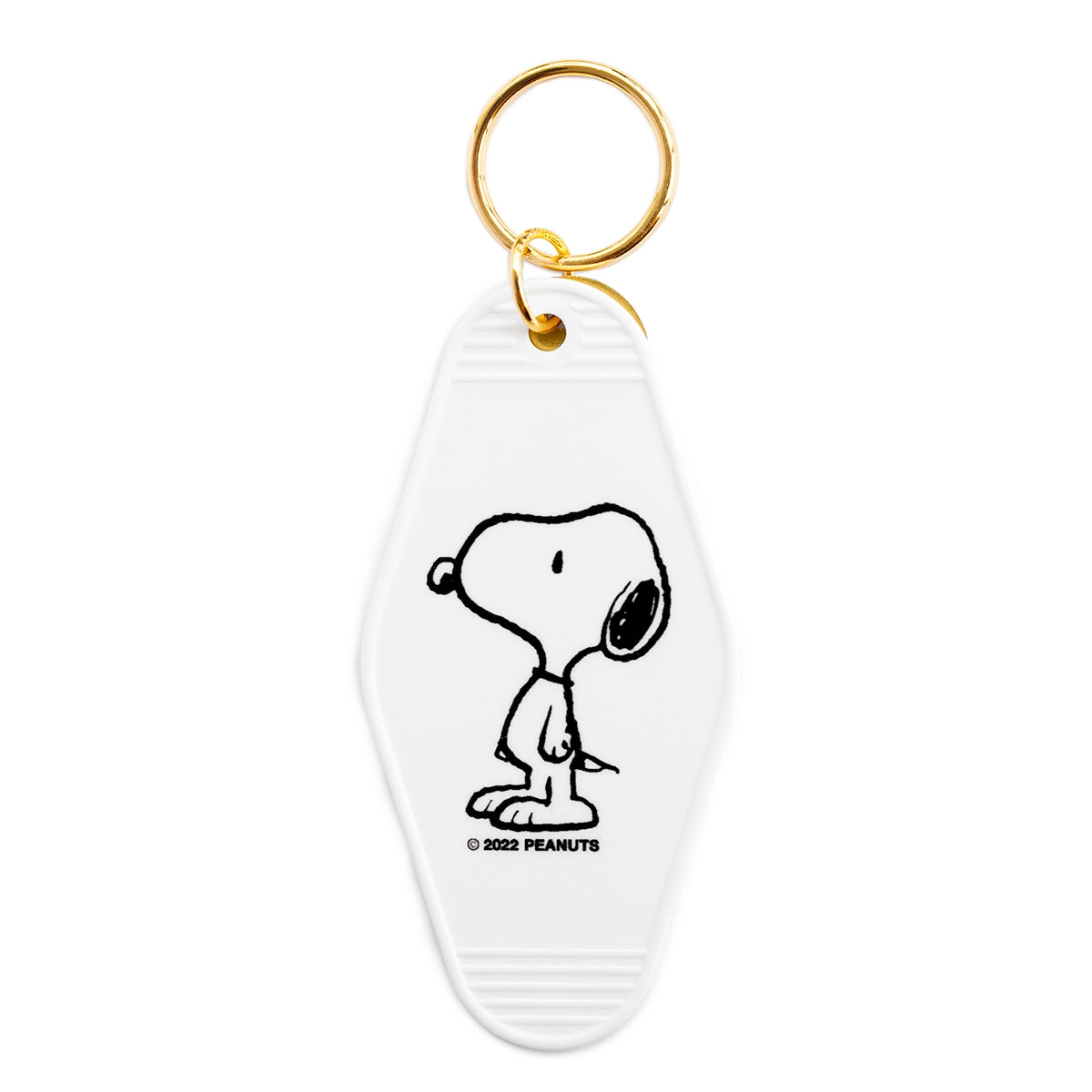 Peanuts Snoopy key tag on white acrylic with gold ring

