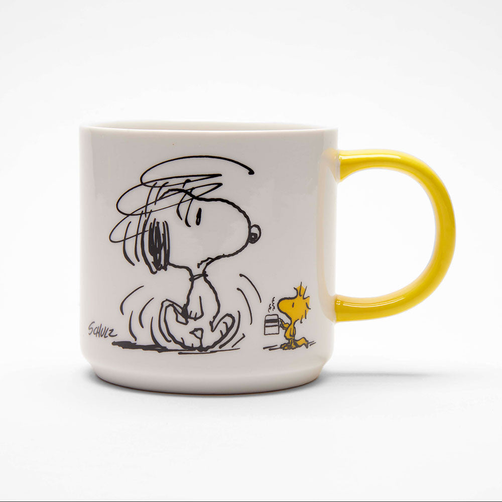 Front of Snoopy mug with Woodstock delivering coffee and dazed Snoopy illustration