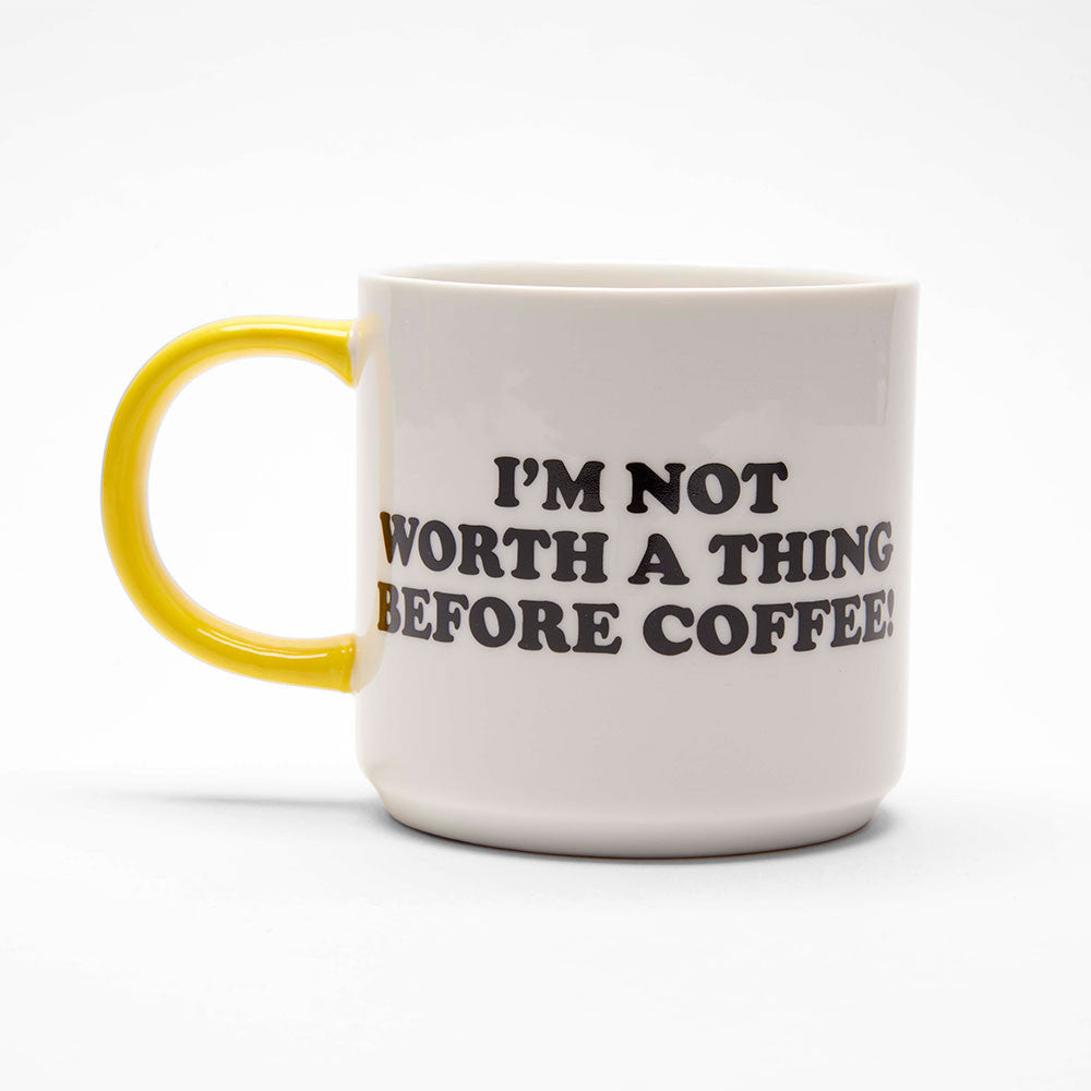 Back of mug showing “I’m Not Worth a Thing Before Coffee” quote