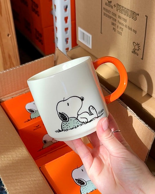 Official Snoopy “Nope” ceramic mug with orange handle and matching gift box, licensed Peanuts® collectible coffee cup