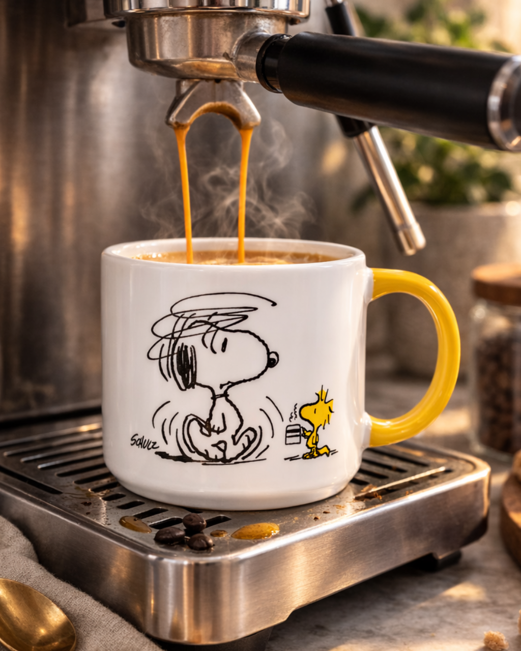 Snoopy Not Worth a Thing Before Coffee ceramic mug with yellow handle under an espresso machine brewing coffee, cozy home cafe setup for coffee lovers