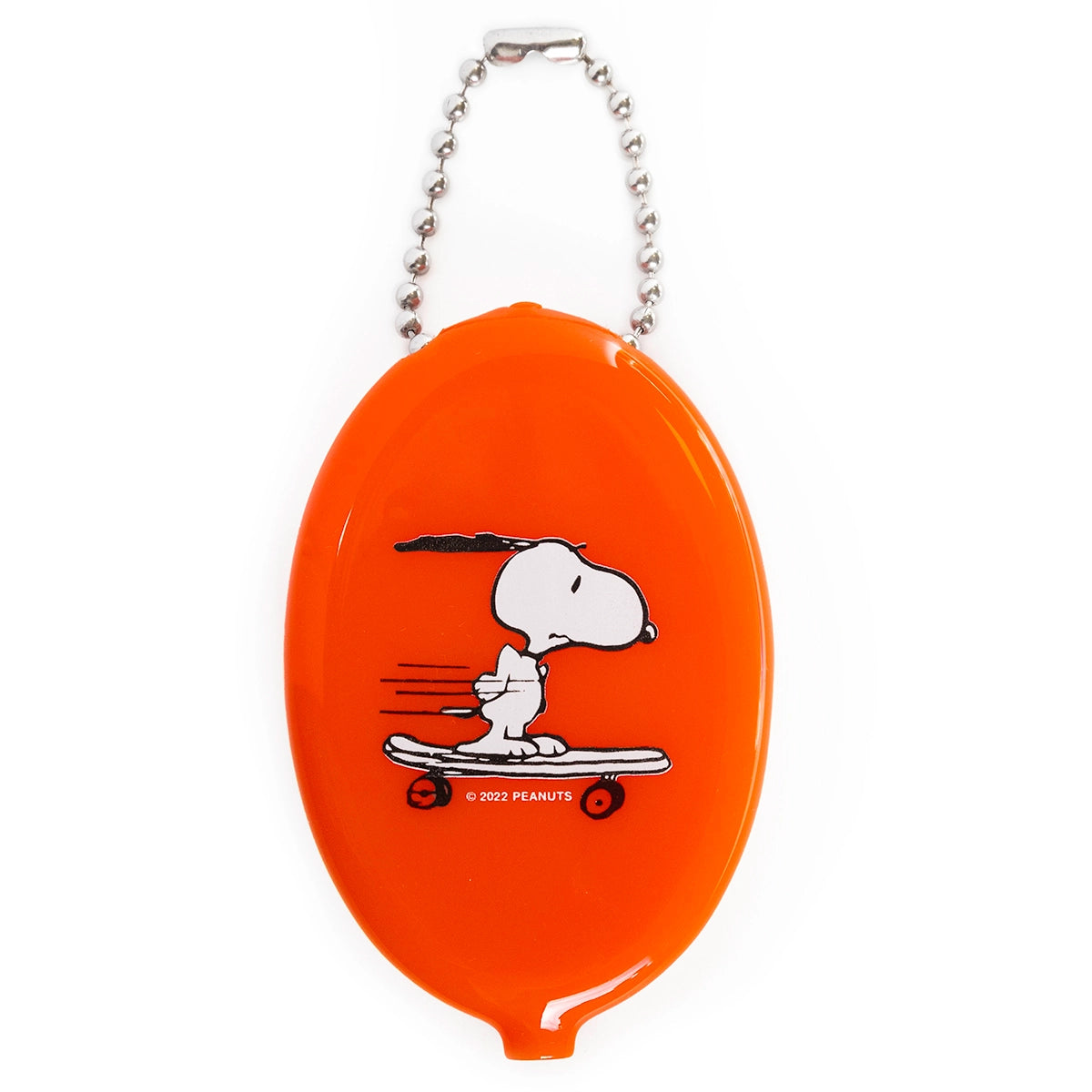 Snoopy riding a skateboard, printed on the back of an orange Peanuts coin pouch with ball chain keyring.