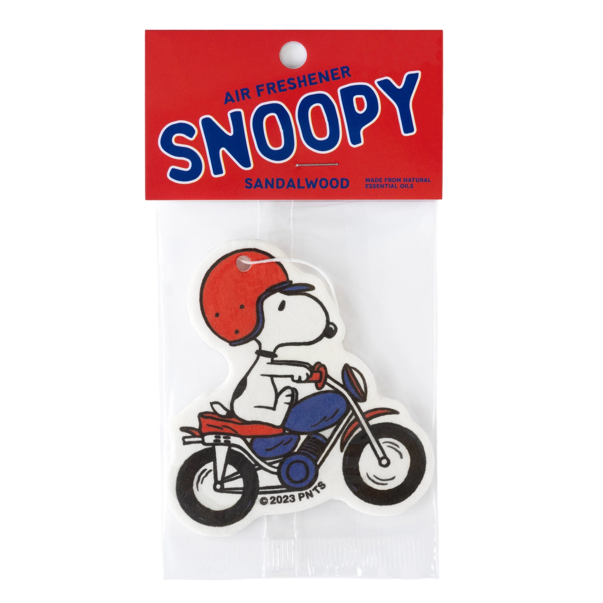 Product photo of Snoopy on a motorcycle air freshener in sandalwood scent. Officially licensed Peanuts decor for cars, lockers, or small spaces.