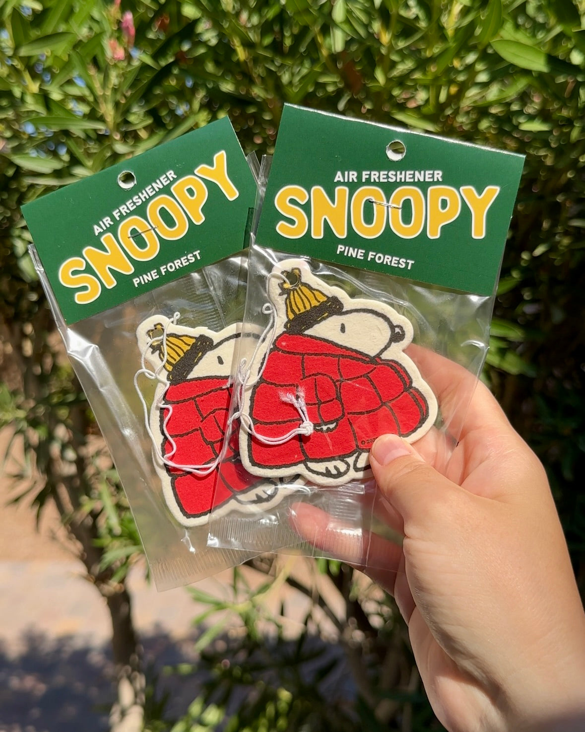 Close-up of two Snoopy puffer jacket Pine Forest scent air fresheners held in hand with green foliage in background.