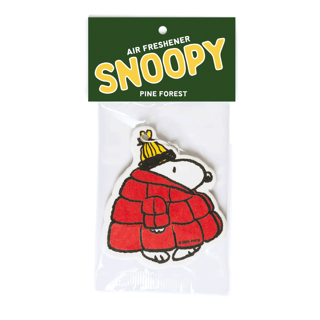 Packaged Snoopy puffer jacket air freshener in Pine Forest scent, studio product photo.
