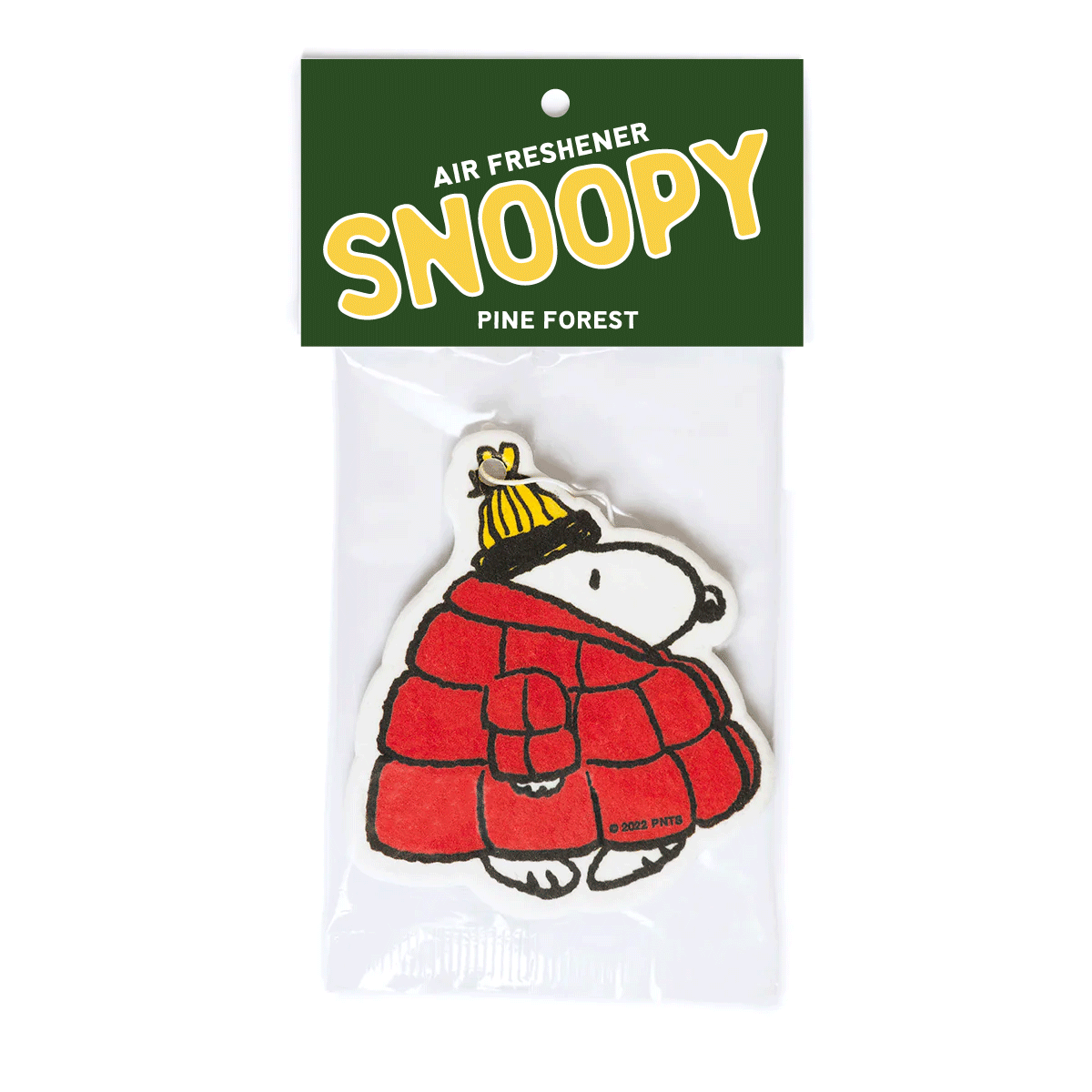 Packaged Snoopy puffer jacket air freshener in Pine Forest scent, studio product photo.