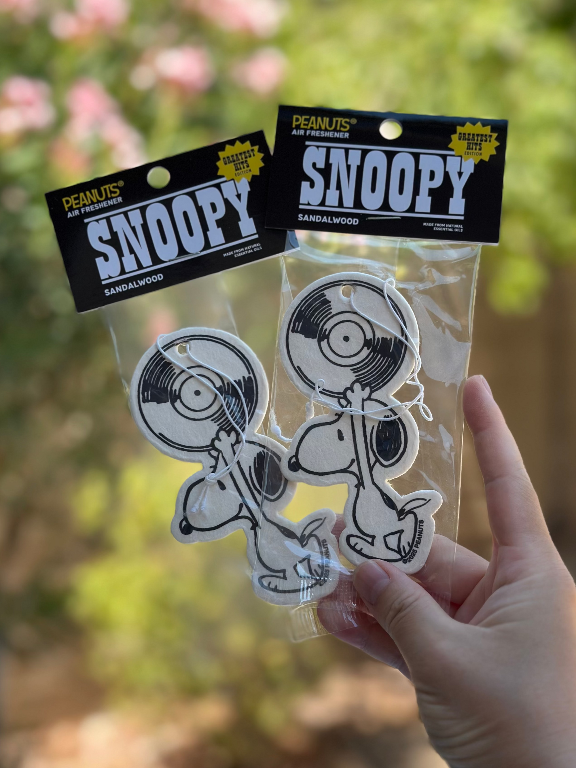 Pair of Snoopy sandalwood air fresheners with vinyl record design, held outdoors against a blurred floral background.