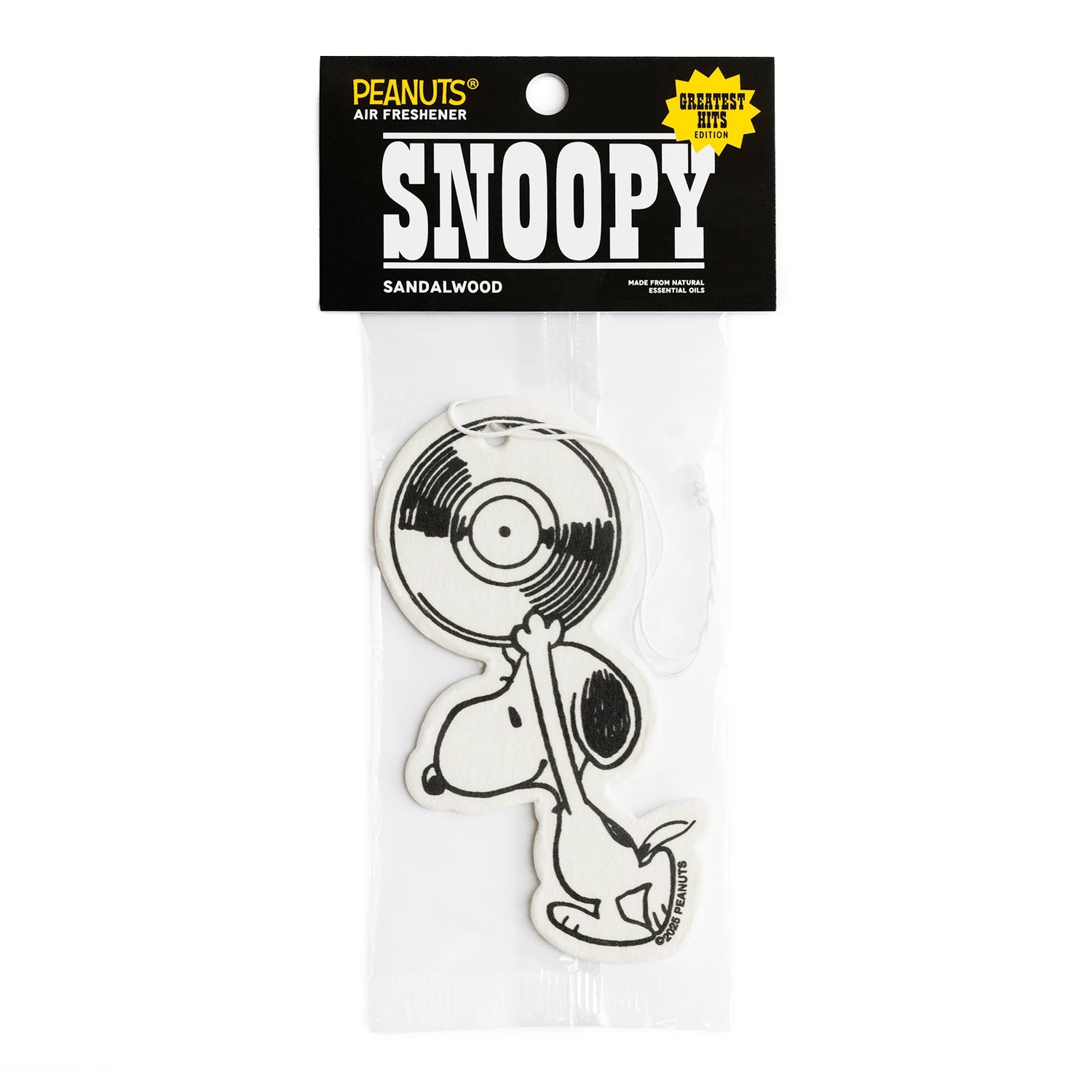 Black-and-white Snoopy air freshener featuring Snoopy holding a vinyl record, packaged with “Have a Nice Day” and Three Potato Four branding. A retro Peanuts collectible scented with natural essential oils — perfect for car or home.

