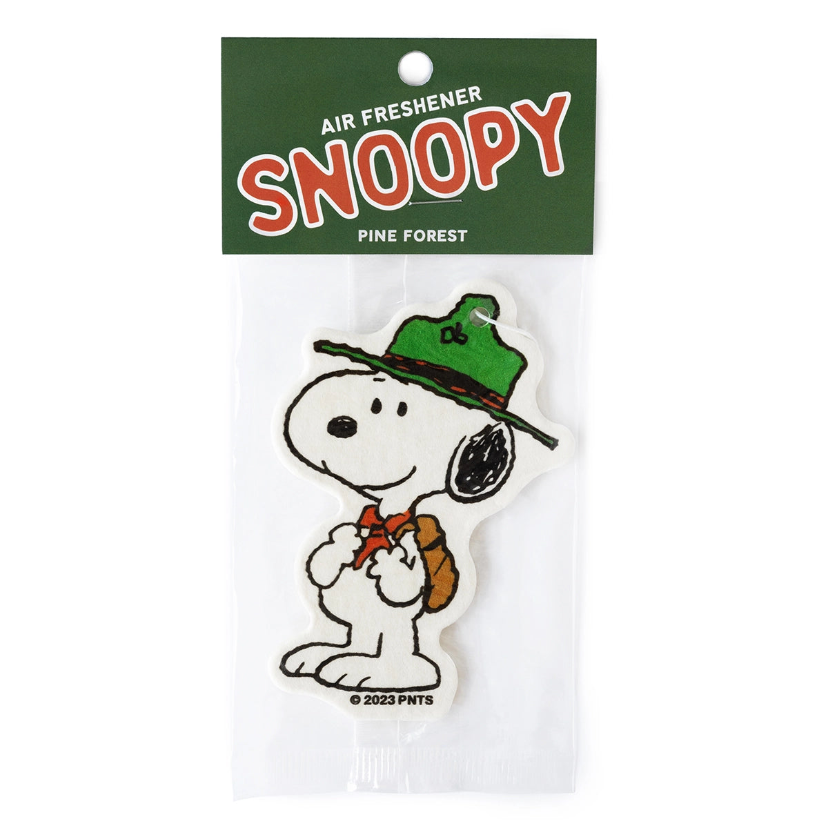 Scout Snoopy air freshener with green “Pine Forest” header card. Eco-friendly car accessory featuring vintage Peanuts artwork.