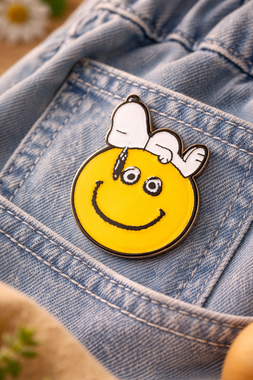 Close-up of Snoopy smiley enamel pin on denim, detailed Peanuts character pin for collectors and cute accessory lovers.