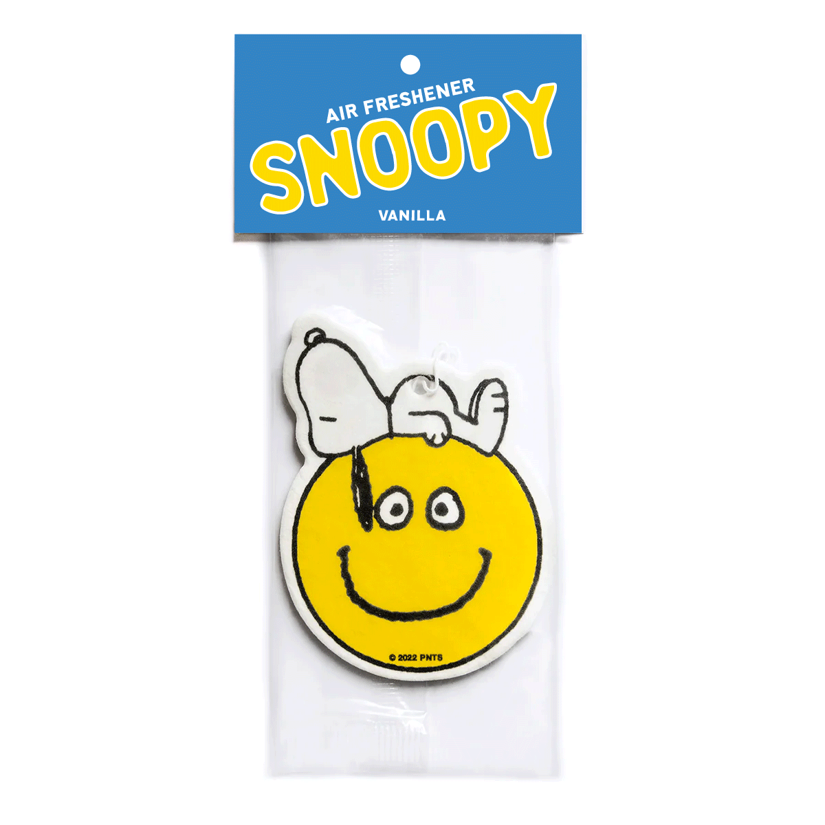 Snoopy smiley face air freshener in blue Peanuts packaging. Features retro-style yellow smiley and Snoopy lounging on top, scented with vanilla.