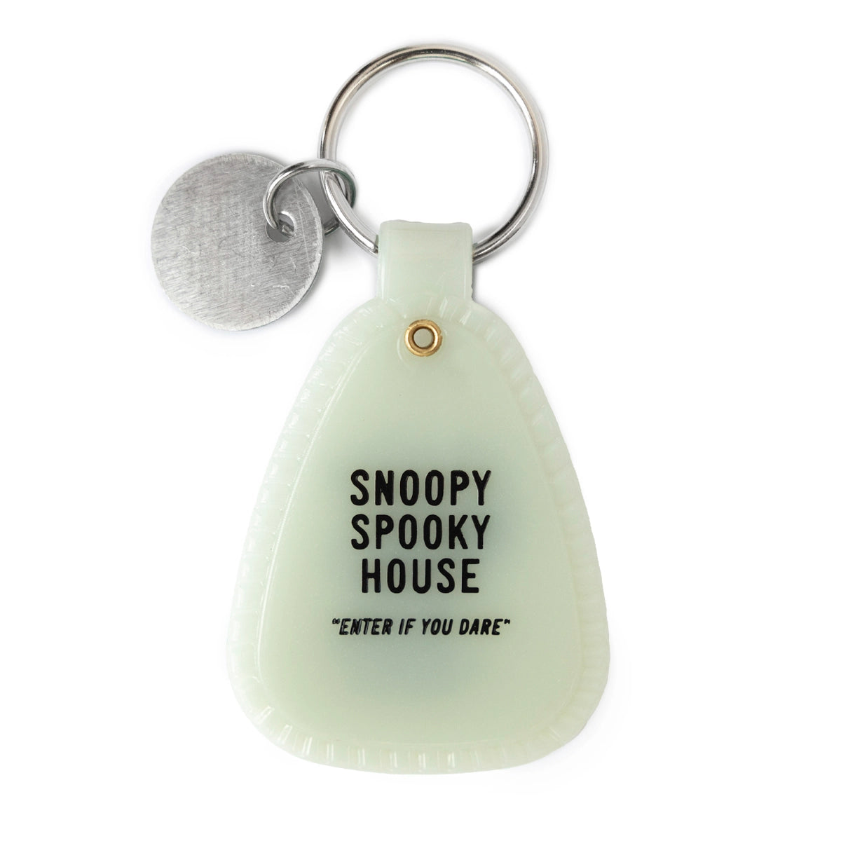 Back view of Halloween Snoopy keychain showing Snoopy dressed as a mummy in black line art. Glow-in-the-dark plastic with Peanuts and Three Potato Four branding. A playful Halloween collectible for Snoopy lovers.




